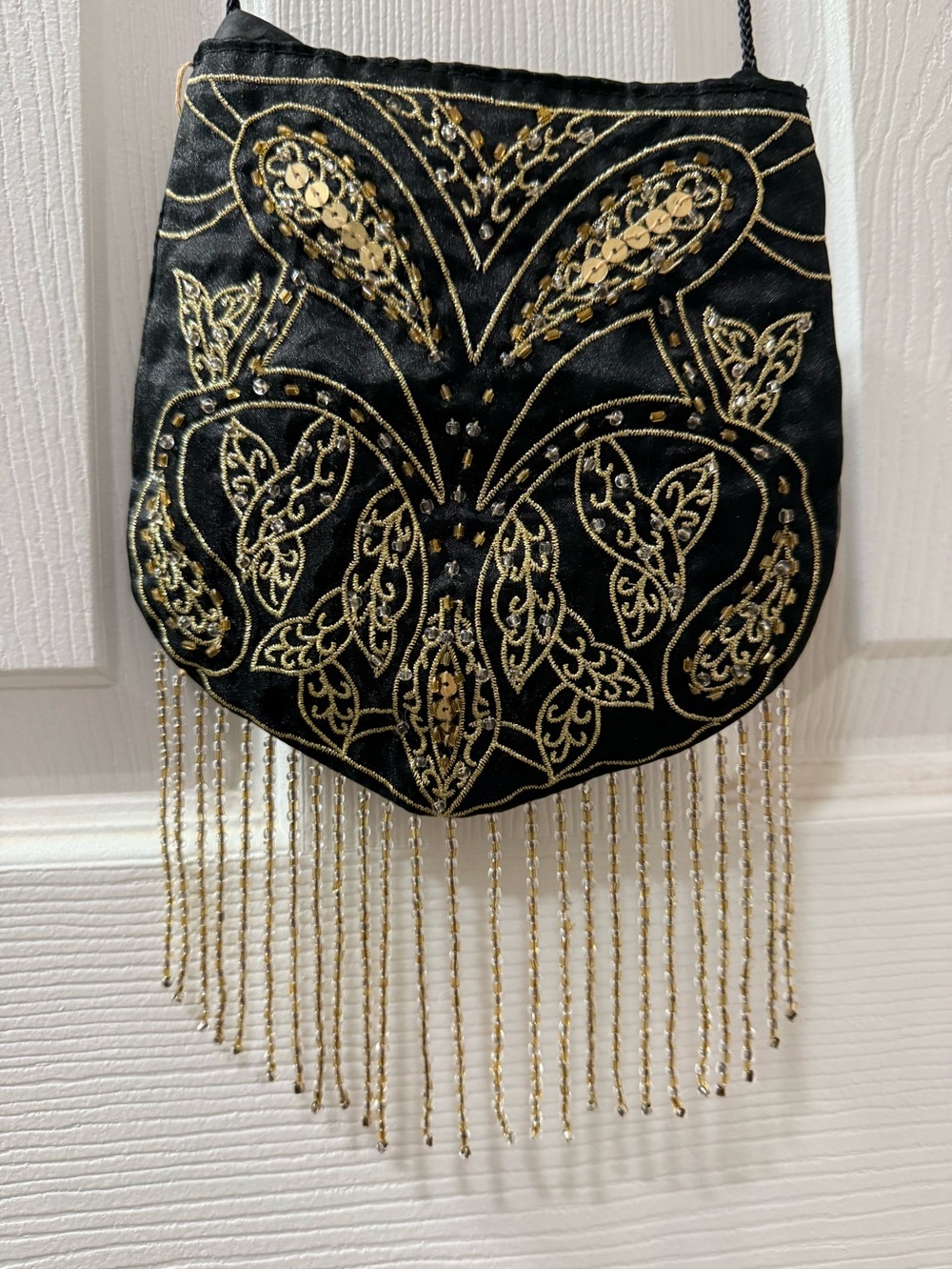 Vintage Black & Gold Beaded Evening Bag with Fringe